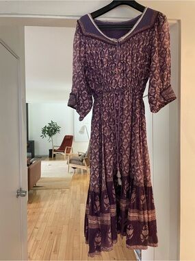 Vintage Indian Cotton Purple Floral Midi Dress